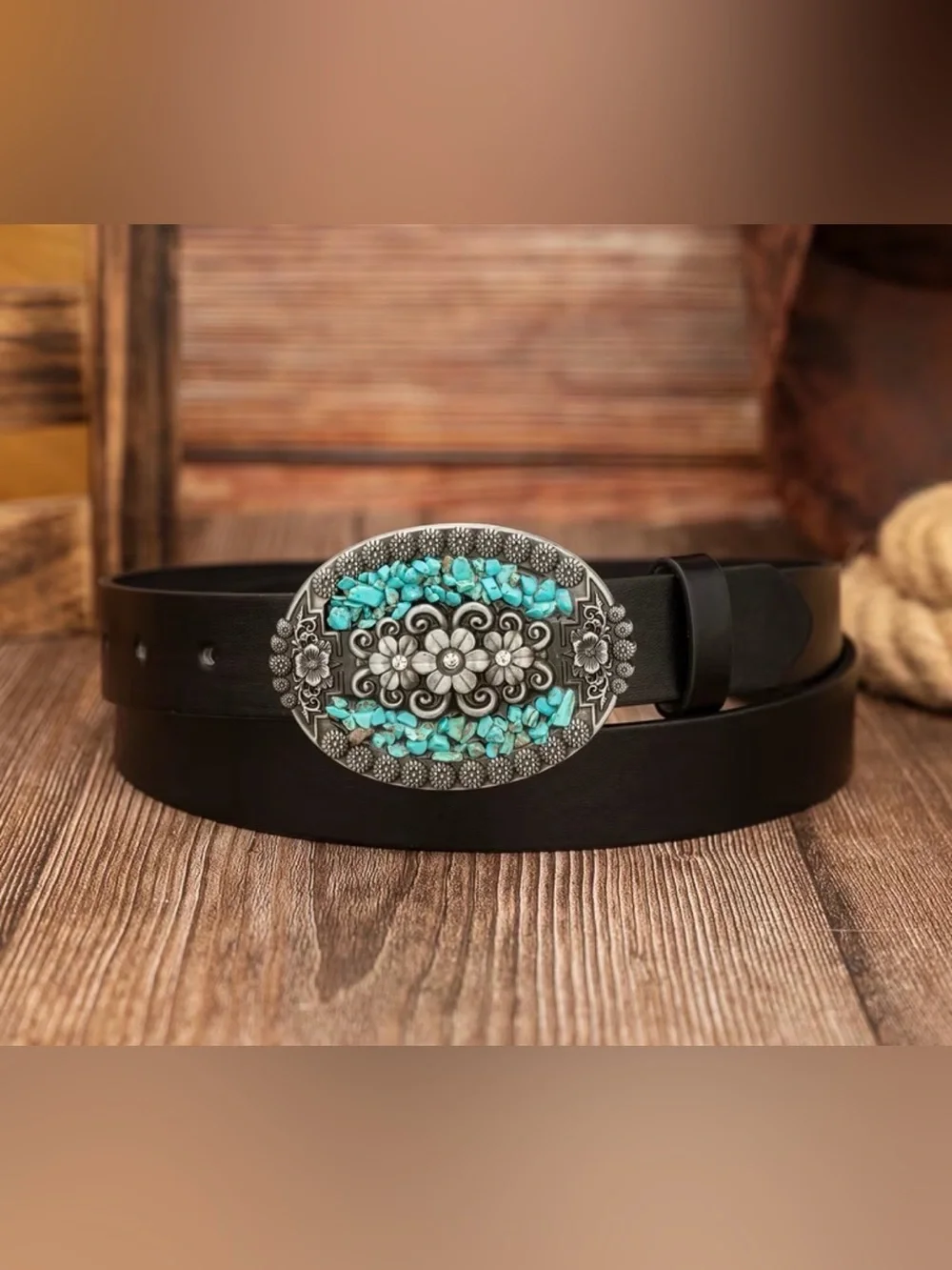 Western Belt Turquoise Stone Floral Western Buckle Belt - Black